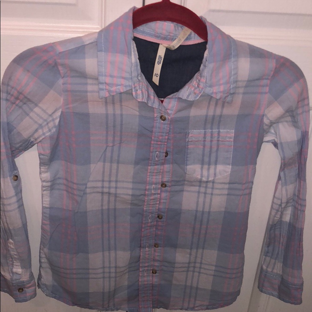 Pastel blue and pink plaid button down shirt